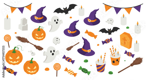 Spooky halloween decorations collection with cute ghosts and pumpkins in isometric style