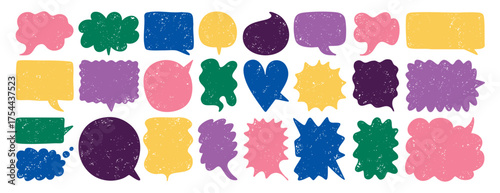 Textured empty speech bubbles template colored set, creative, various shapes, rectangular, round and bubbly. Grunge texture bubbles for text for social media, web design, and posters.