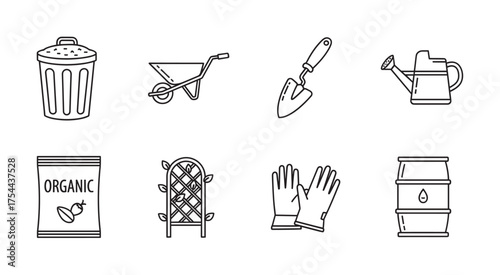 Eight black outline icons representing various gardening tools and items, including a trash can, wheelbarrow, spade, watering can, seed packet, trellis, gloves, and barrel.