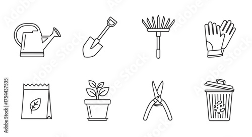 Black outline icons of gardening tools including a watering can, shovel, rake, gloves, seed packet, potted plant, pruning shears, and trash can.