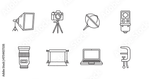 Eight black outline icons representing photography equipment, including a softbox, camera on tripod, fisheye lens, light meter, camera lens, backdrop, laptop, and clamp.