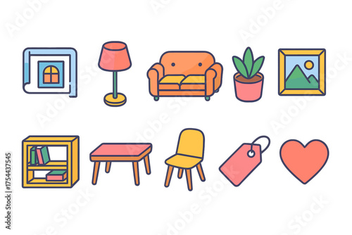 Home decor and furniture icon set. Flat style icons for interior design projects.