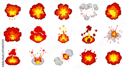 Vibrant pixel art explosions collection with dynamic flare and smoke effects