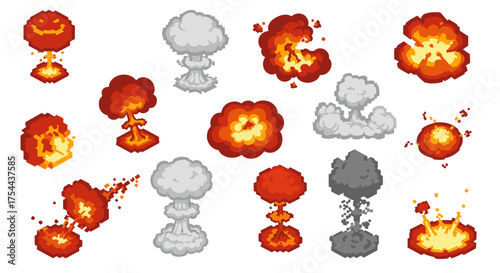 Pixel art explosions: colorful and monochrome designs for dynamic projects