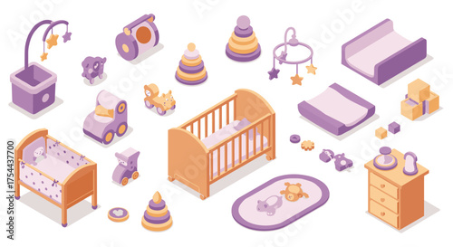 Isometric office and home workspace elements with computers and furniture