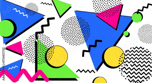 A vibrant 90sinspired geometric pattern, featuring bold shapes and playful colors, evoking a sense of nostalgia and retro fun