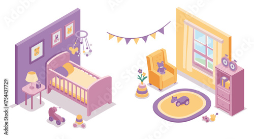 Isometric office travel scene with businessman at desk and suitcase in multiple color variations