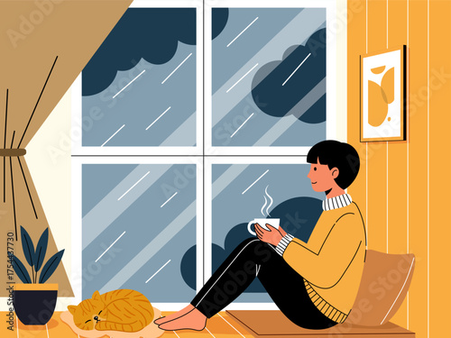 hygge concept vector illustration of a person relaxing on a window sill with a cozy sweater and hot drink, watching the rainy day outside, perfect for comfort and slow living.