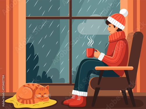 cozy autumn or winter scene of a person sitting by the window, wearing warm clothes, drinking a hot beverage, with a sleeping cat and rain falling outside, vector illustration for relaxation.