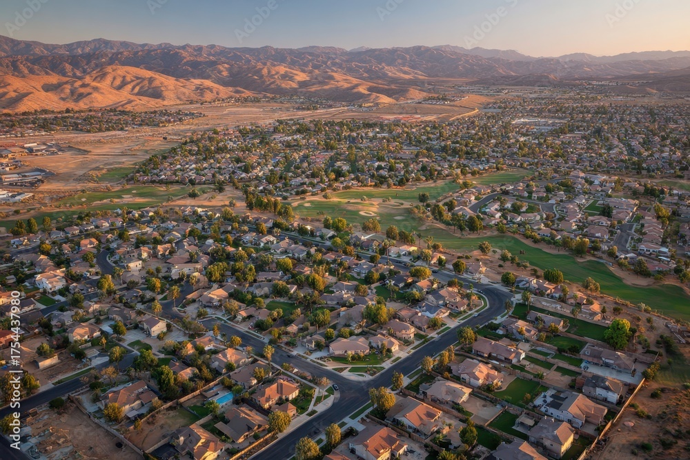 Obraz premium Up High Architectural Scenery: Aerial View of Green Modern Community in Menifee, California