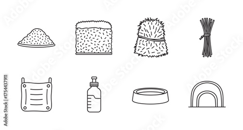 Set of eight black outline icons depicting various pet and farm supplies, including food, bedding, hay bales, feed bag, bottle, bowl, and harness.