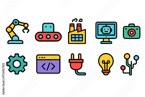 Technology, engineering flat icon set. Robotics, programming, electronics flat icons