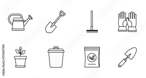 Black outline vector icons of gardening tools including a watering can, shovel, rake, gloves, plant pot, compost bin, seed packet, and trowel in a minimal linear style.