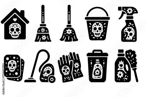 Day of the dead solid icon set: festive cleaning symbols for halloween, dia de los muertos