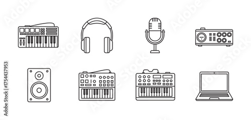 Set of black outline icons depicting various music production equipment including keyboards, headphones, microphone, speaker, amplifier, and a laptop.