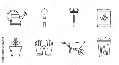 Black outline vector icons of gardening tools and elements including a watering can, shovel, rake, seed packet, potted plant, gloves, wheelbarrow, and compost bin.