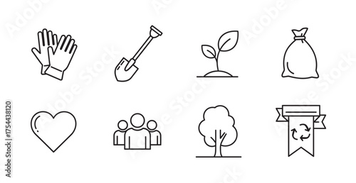Black outline icons depicting gardening tools, plants, a trash bag, a heart, a group of people, a tree, and a recycling badge, representing various environmental and community concepts.