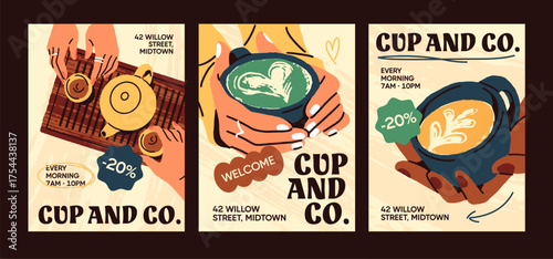 Coffeehouse event poster designs set. Promotion templates of coffeeshop with hands holding cups of coffee. Advertising layouts of cafe with tea ceremony, drinks tasting. Flat vector illustrations