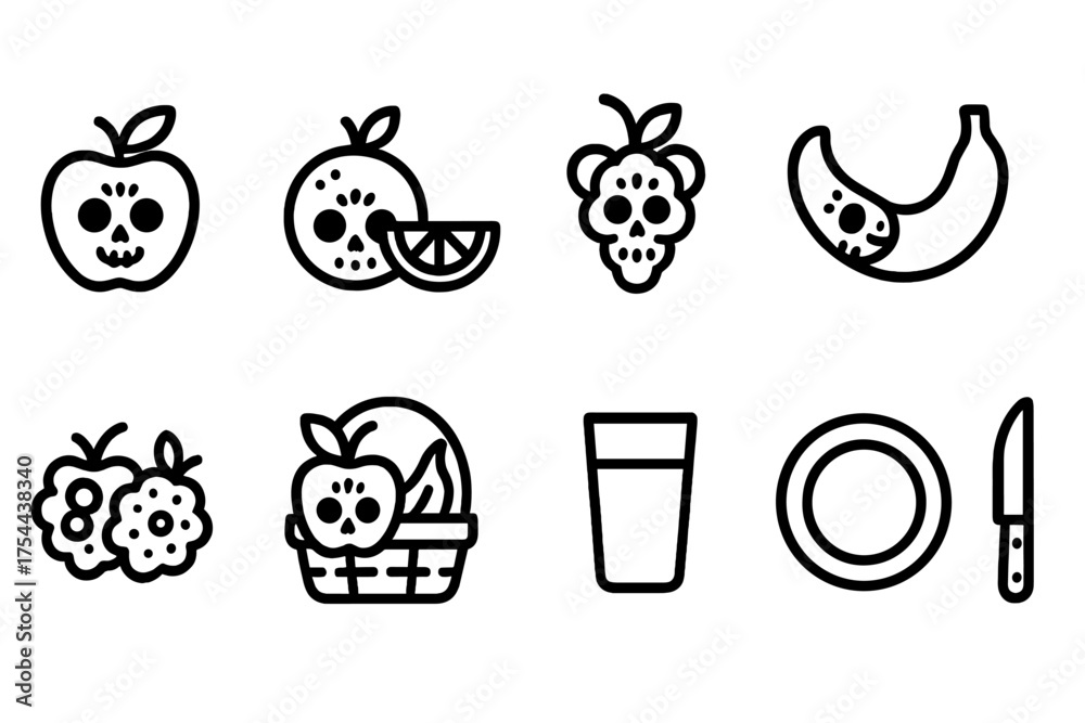 Fototapeta premium Halloween fruit linear icon set. Spooky, fruit sketch icons with creepy faces