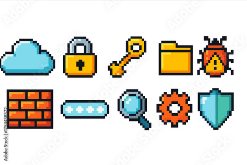 Cybersecurity pixel icon set. Internet protection and privacy pixelated icons