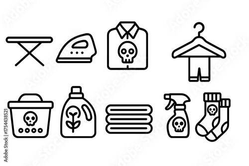 Laundry day outline icon set. Cleaning, clothing, detergent, ironing line illustrations