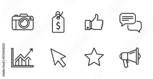 Simple black outline icons of a camera, price tag, thumbs up, speech bubbles, graph, cursor, star, and megaphone.