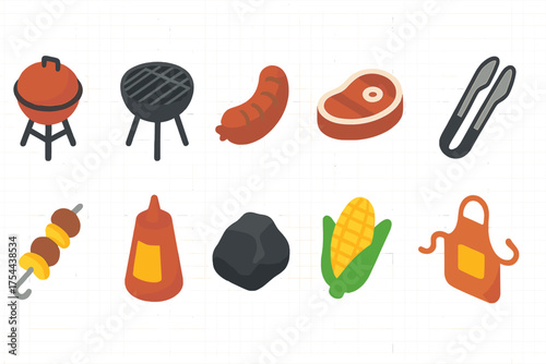 Bbq and grilling flat icon set. Summer cookout essentials in flat style