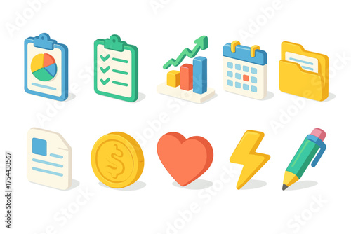 Office, productivity 3d icon set. Business, work tools 3d icons for professionals