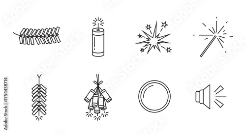 Black outline vector icons depicting various firework types, including crackers, a candle, bursting star pattern, sparkling wand, and other festive elements.
