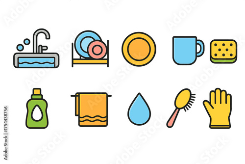 Cleaning and dishwashing flat icon set for kitchen tools and hygiene essentials