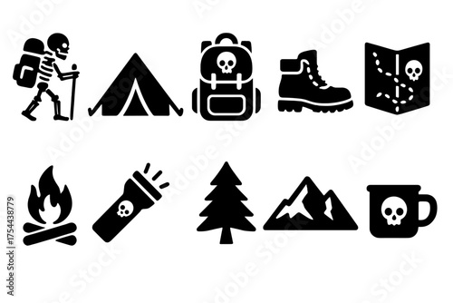 Hiking adventure solid icon set. Camping, backpacking, nature explorers collection