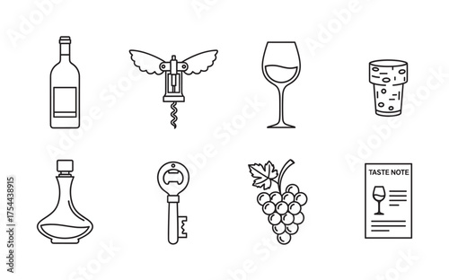 Black outline icons of wine bottle, corkscrew, wine glass, cork, decanter, key, grape bunch, and a taste note sheet.