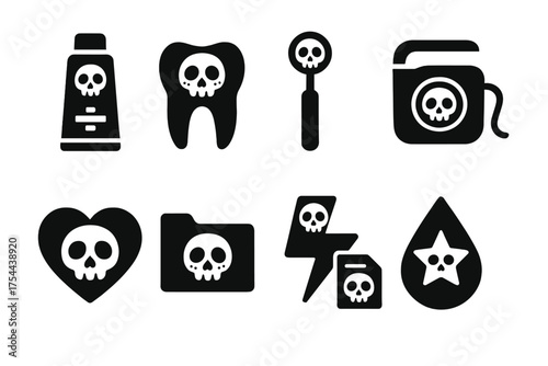 Dental health silhouette icon set. Toothbrush, toothpaste, dental care symbols collection