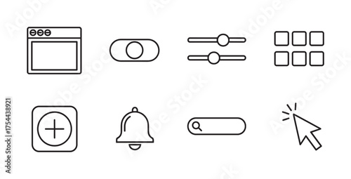 Black outline icons representing essential user interface elements including a browser window, toggle switch, sliders, grid, plus symbol, bell, search bar, and cursor.