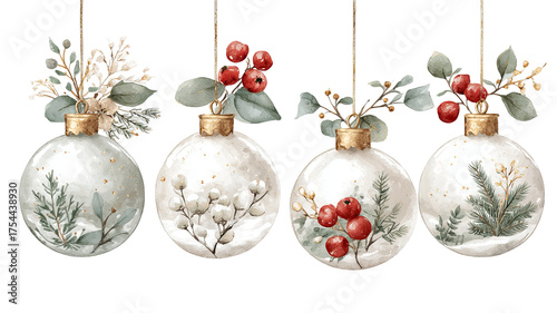 Four white watercolor christmas ornaments featuring winter scenes foliage and red berry illustrations isolated on transparent background high resolution png design perfect for festive decorations
