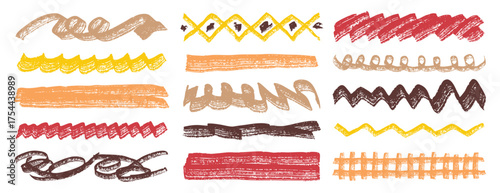 Textured horizontal lines, fragments of ornament underlines, textured grunge set, wavy and zigzag and straight accents.