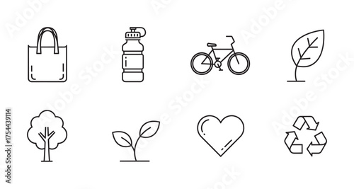 Minimalist black outline icons of eco-friendly objects including a reusable bag, water bottle, bicycle, leaf, tree, sprout, heart, and recycling symbol.