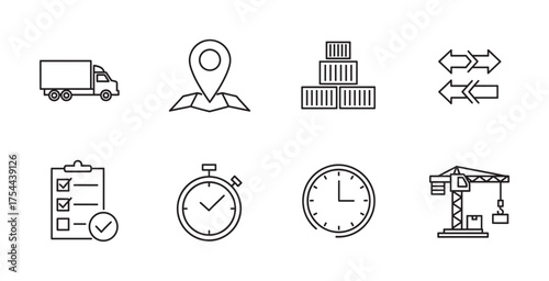 Black outline icons representing logistics themes: a truck, location marker, stacked boxes, direction arrows, checklist, stopwatch, clock, and crane.