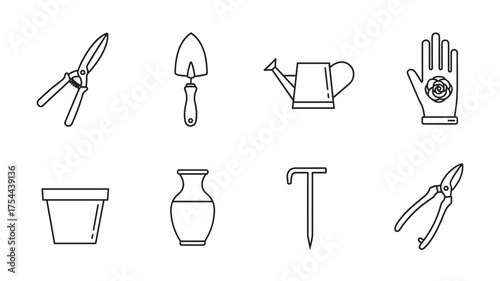 Black outline vector icons of gardening tools including shears, trowel, watering can, glove with flower, plant pot, vase, garden stake, and pruners.