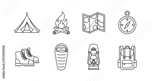 Black outline icons of camping equipment including a tent, campfire, map, compass, hiking boots, sleeping bag, lantern, and backpack.