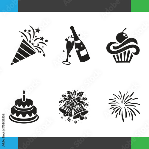 Celebrating life s moments with icons for parties birthdays holidays in solid black vector graphics