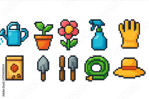 Gardening tools and plants icon set. Colorful pixel style icons for spring gardening.