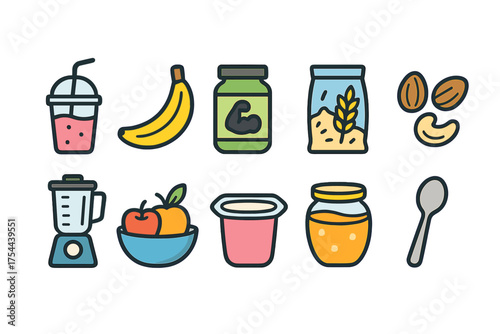 Healthy food and drink flat icon set. Smoothie, snack, nut, and fruit icons flat style