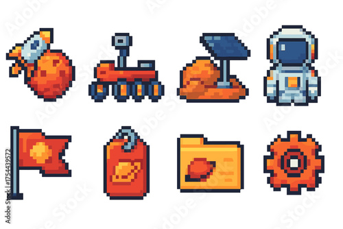 Space exploration icon set. Pixel art, flat style with astronaut and rover design elements