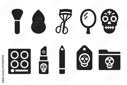 Makeup and day of the dead solid icon set for beauty and culture enthusiasts