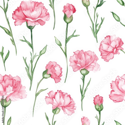 Delicate Arrangement of Pink Carnations with Lush Green Leaves Creating a Charming Floral Pattern for Various Decorative Applications