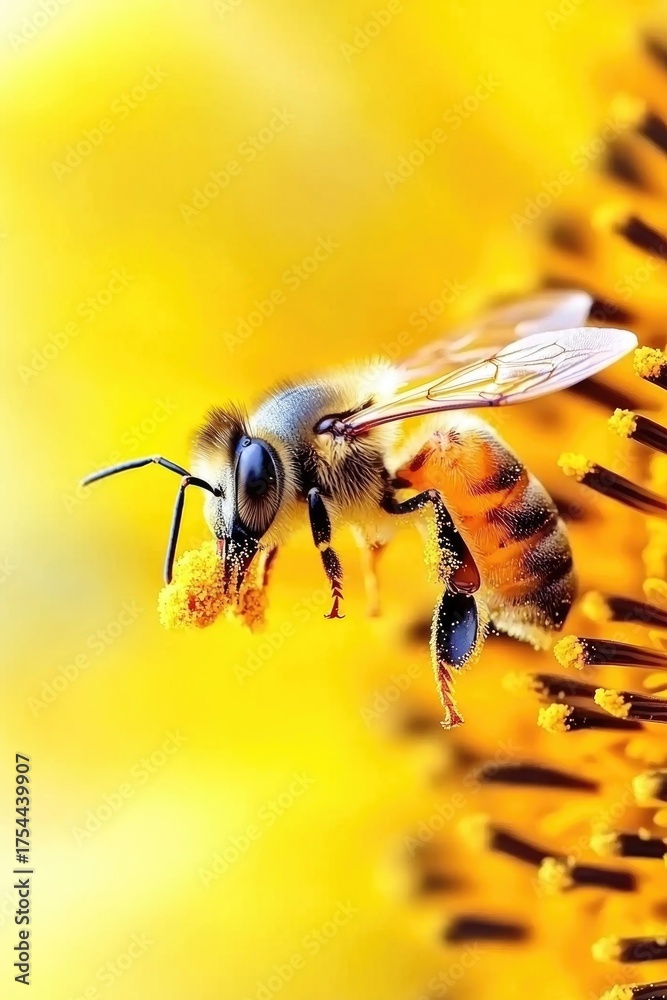Naklejka premium Close-up of bee pollinating a vibrant yellow flower in sunlight