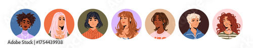 Circle avatars of diverse girls set. Portraits of young women with different hairstyles, wavy, straight and short hair. Happy faces of smiling people. Flat isolated vector illustrations on white