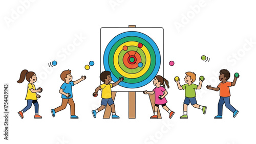 Playful Toss: A lively group of kids enjoy a spirited game of throwing balls towards a colorful target, embodying the spirit of childhood joy and friendly competition.
