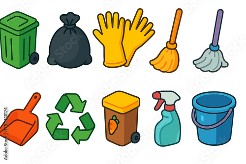 Cleaning tools flat icon set. Spring cleaning, sanitation, waste management icons.